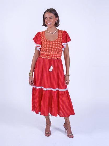 'FEATHER' DRESS IN ORANGE/ PINK STRIPE