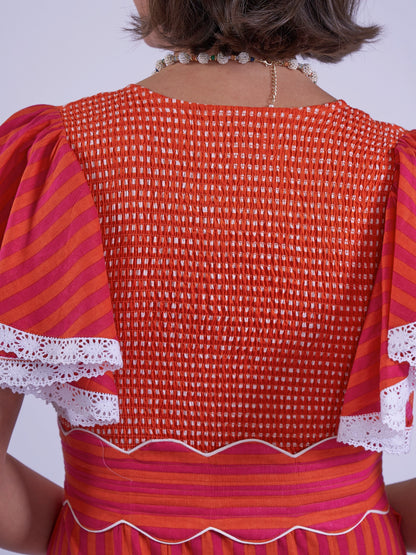 'FEATHER' DRESS IN ORANGE/ PINK STRIPE