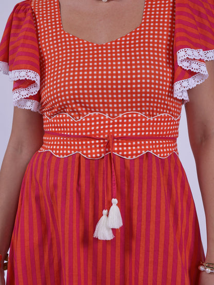 'FEATHER' DRESS IN ORANGE/ PINK STRIPE