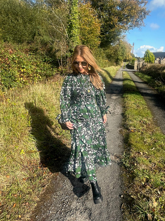 'GRÁ' DRESS IN EVERGREEN (FULLY LINED)