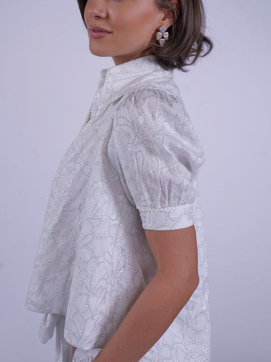 'PADDINGTON' BLOUSE IN WHITE & SILVER LUREX