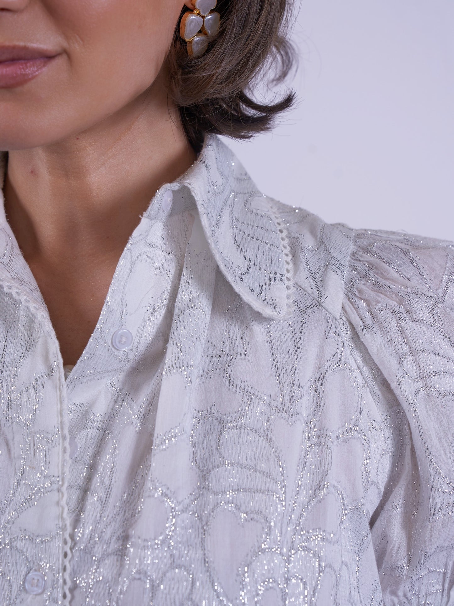 'PADDINGTON' BLOUSE IN WHITE & SILVER LUREX
