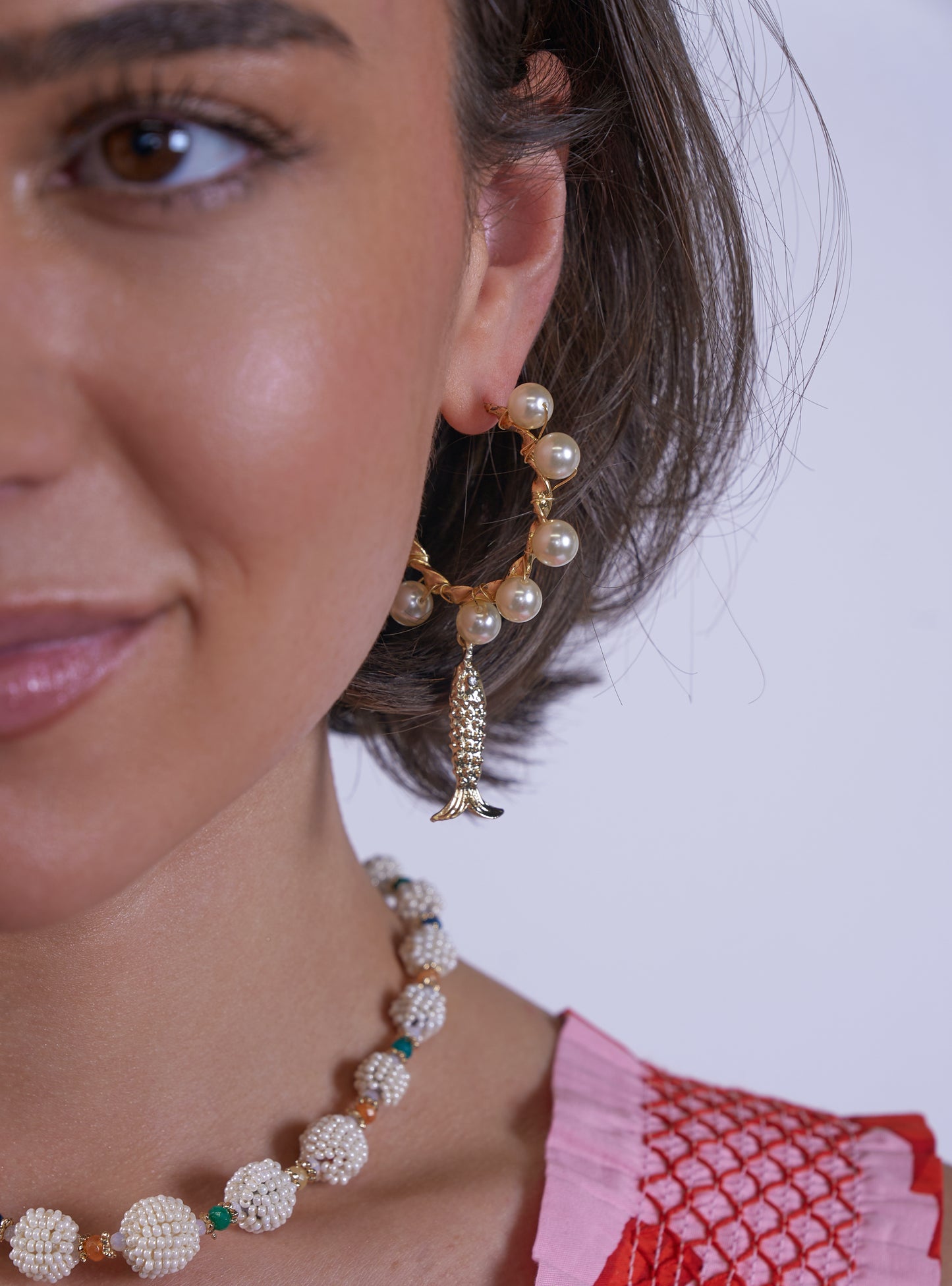 PEARL HOOP EARRINGS WITH FISH