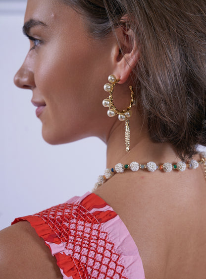 PEARL HOOP EARRINGS WITH FISH
