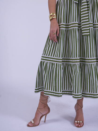 'SHELLY' BEACH DRESS IN OLIVE STRIPE