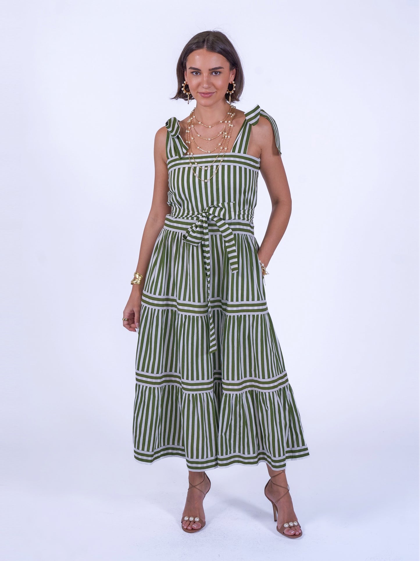 'SHELLY' BEACH DRESS IN OLIVE STRIPE