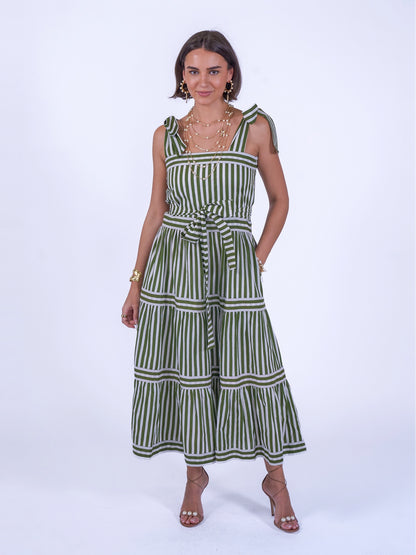 'SHELLY' BEACH DRESS IN OLIVE STRIPE