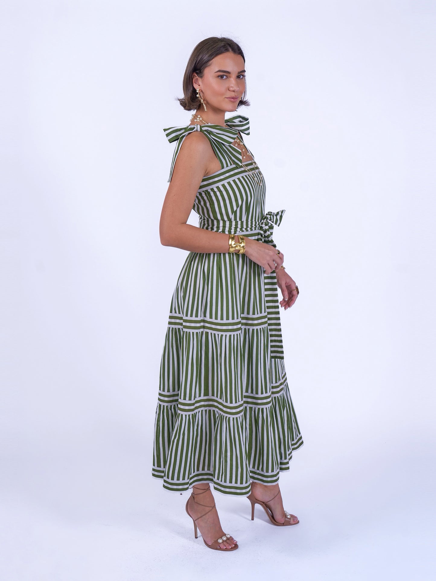 'SHELLY' BEACH DRESS IN OLIVE STRIPE