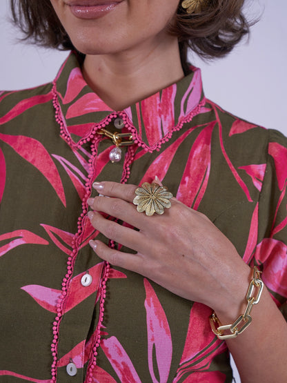 'SYDNEY' DRESS IN KHAKI / PINK PALM