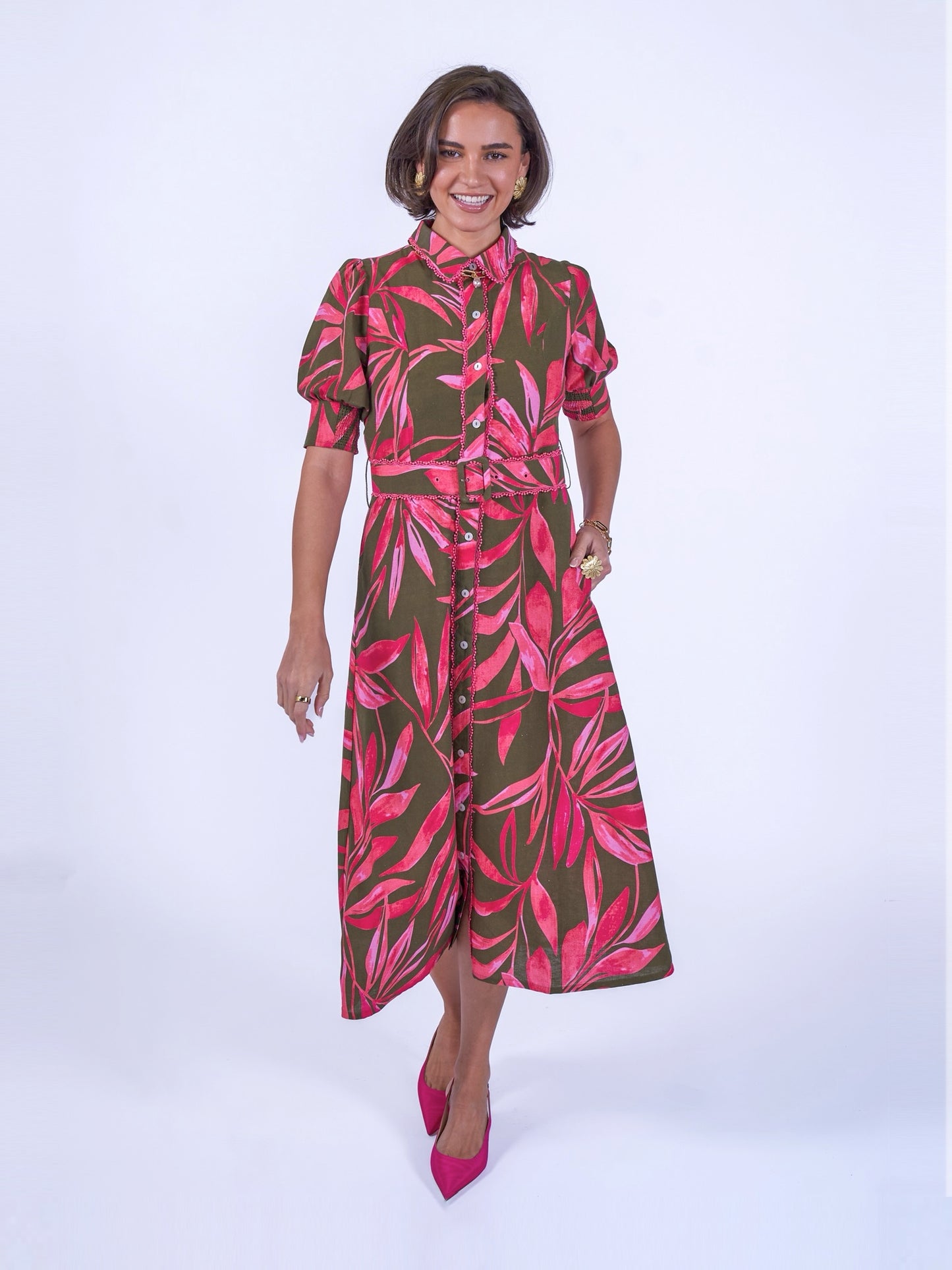 'SYDNEY' DRESS IN KHAKI / PINK PALM