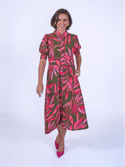 'SYDNEY' DRESS IN KHAKI / PINK PALM