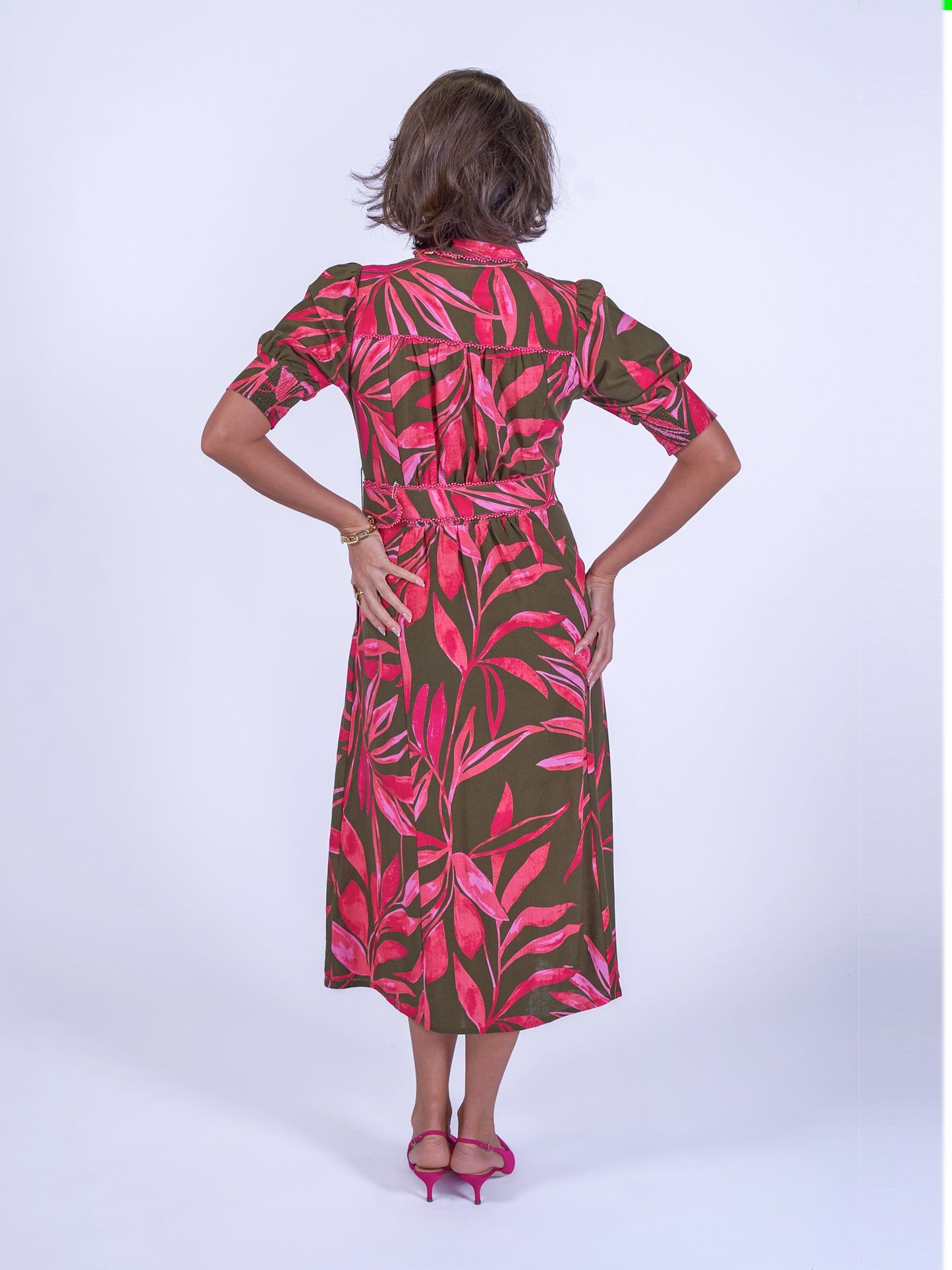 'SYDNEY' DRESS IN KHAKI / PINK PALM